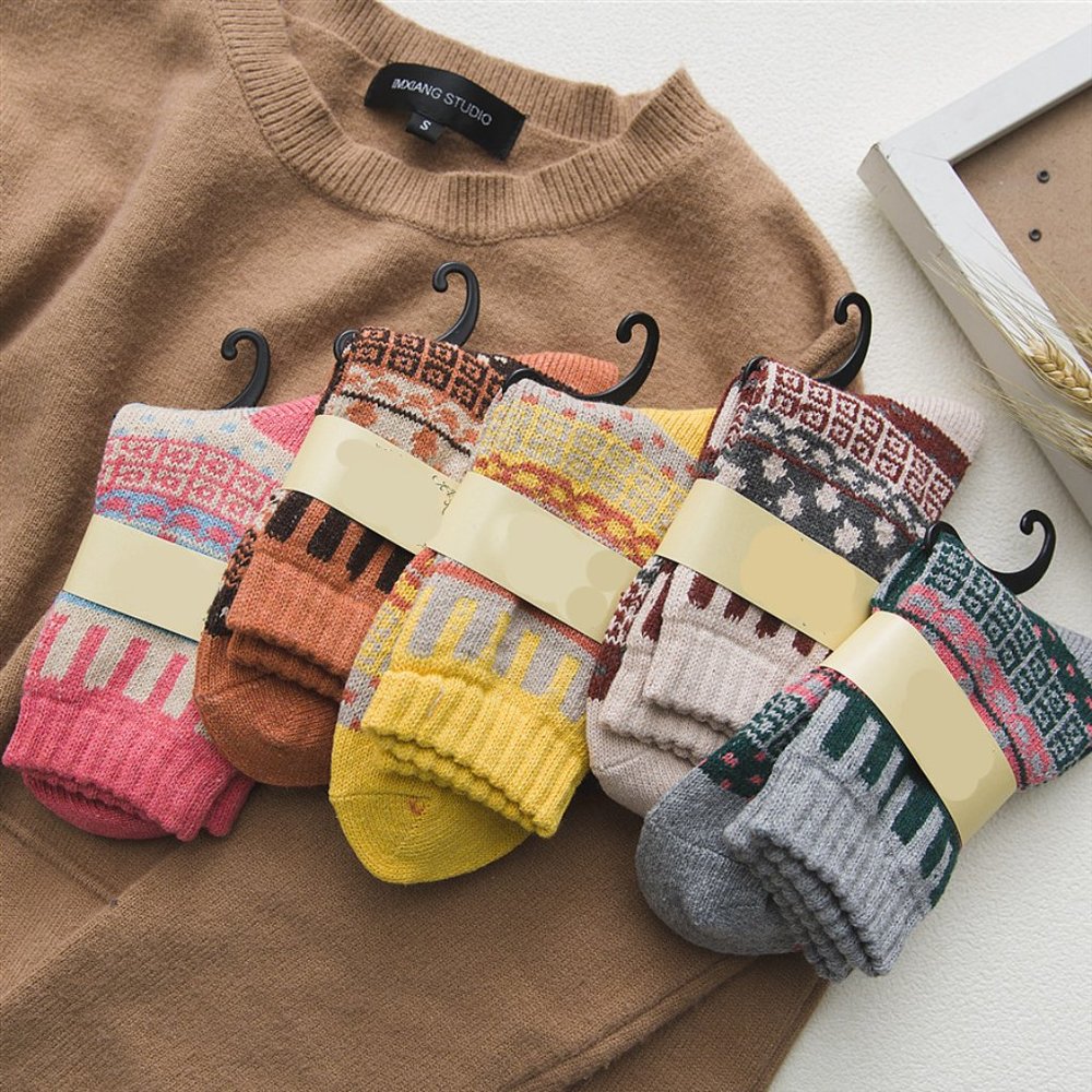 Womens 5 Pairs Vintage Style Thick Crew Socks - Picture 8 of 16